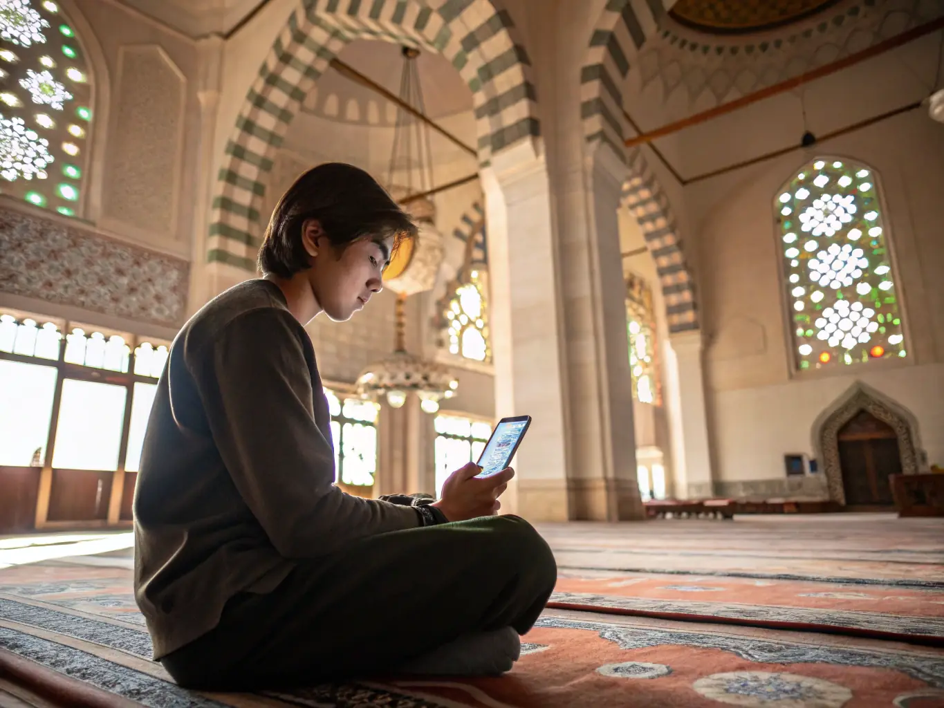 A person meditating with a prayer app on their smartphone, in a quiet and serene environment, symbolizing the importance of daily prayer.