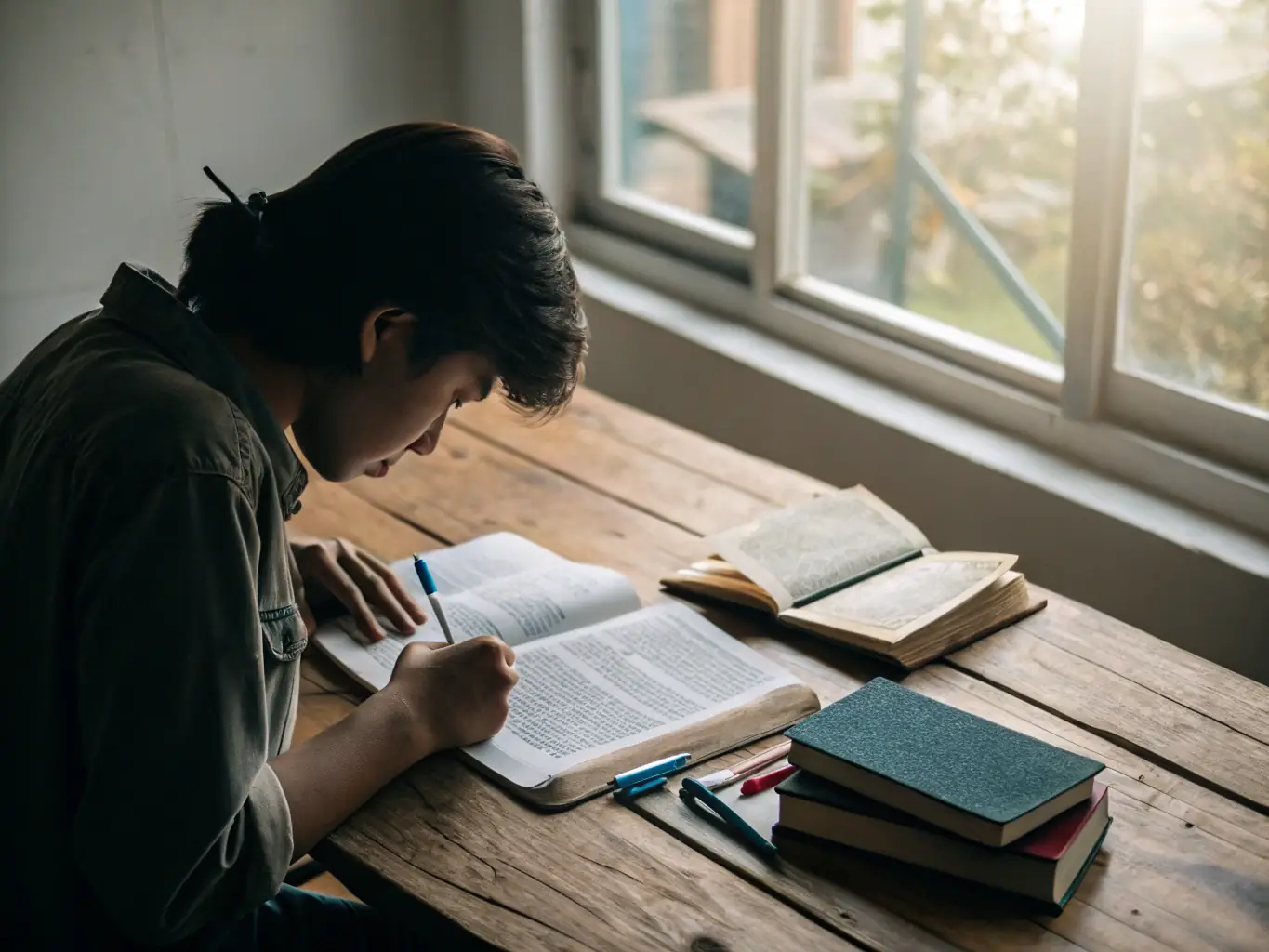 A person using a Bible study app on their tablet, with a physical Bible and a cup of coffee on the table, creating a peaceful and focused atmosphere.