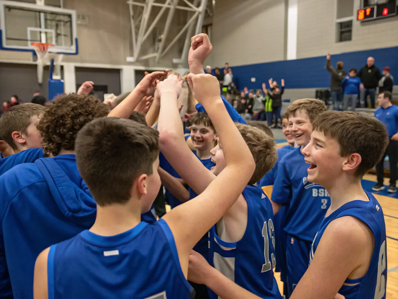A basketball team of diverse ages and backgrounds celebrates a victory with a group hug, showcasing the unity and camaraderie fostered by Christian sports organizations.
