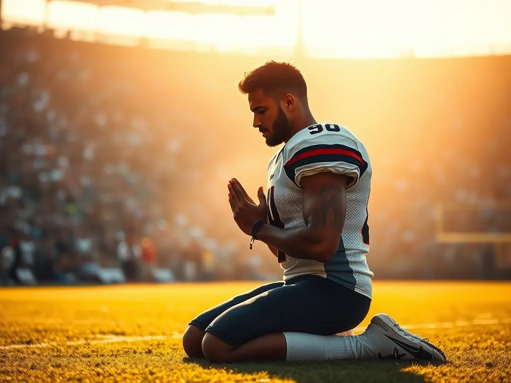 A group of young athletes in matching jerseys huddle together in prayer before a soccer game, heads bowed and hands clasped, symbolizing their shared faith and commitment to sportsmanship.