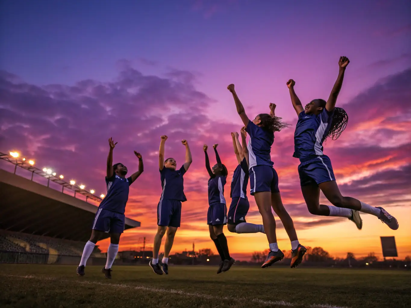 A diverse group of athletes celebrating a victory, arms around each other, showcasing the strong sense of community fostered in Christian sports.