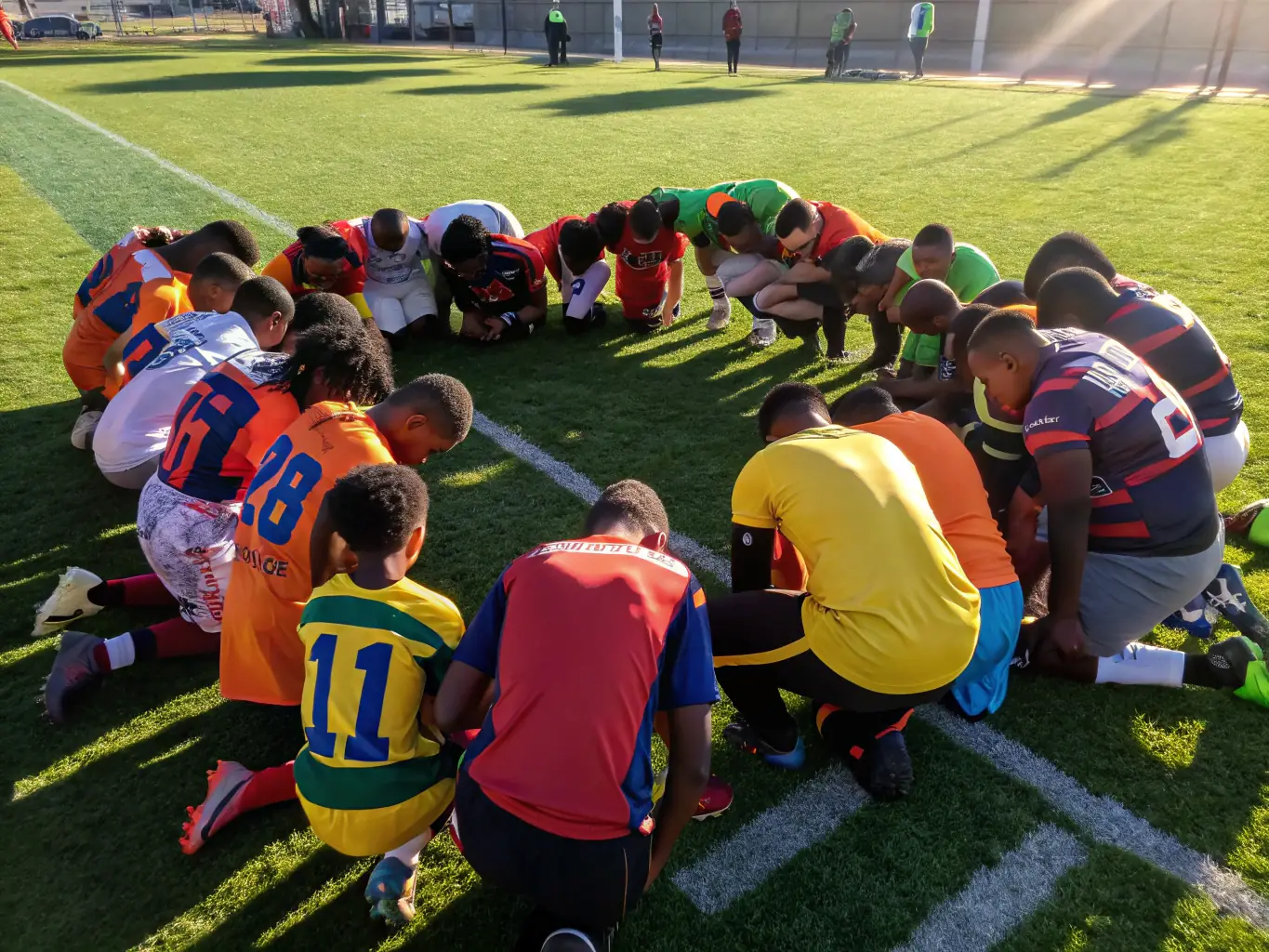 A group of young athletes in matching jerseys, heads bowed in prayer before a soccer game, symbolizing the spiritual foundation of Christian sports.