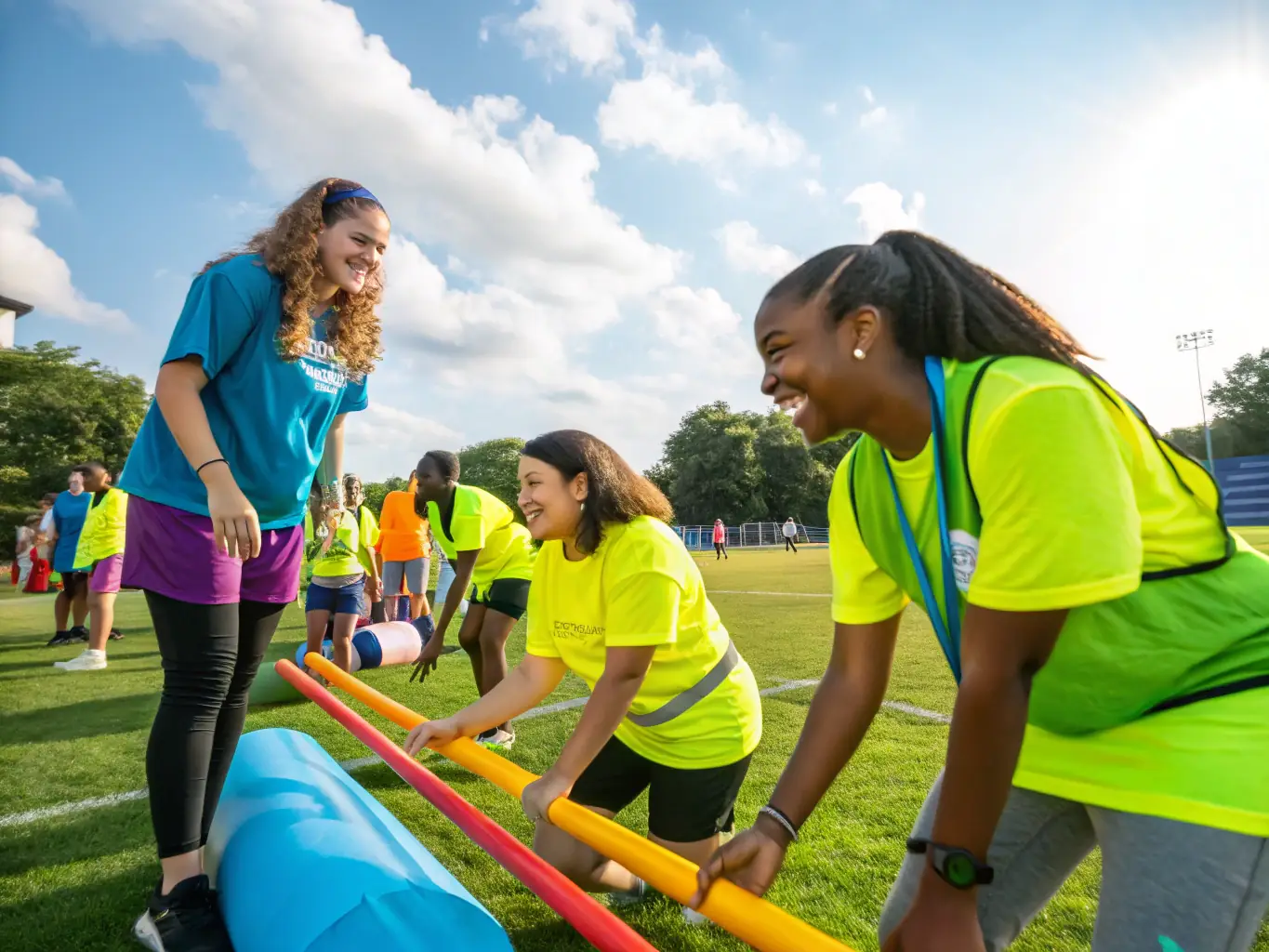 A group of volunteers helps to set up a sports event for underprivileged children, demonstrating the charitable and community-focused aspect of Christian sports organizations.